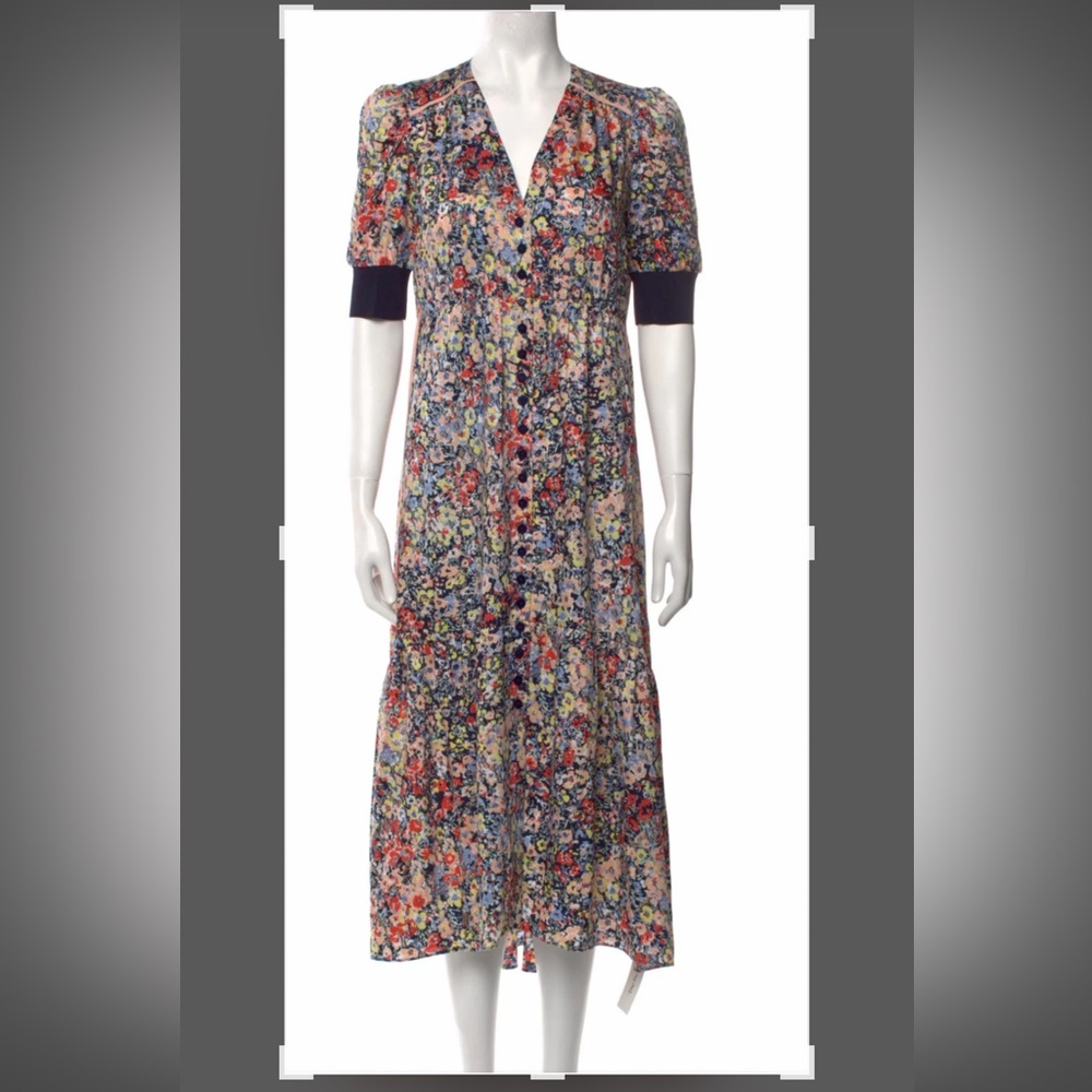 ME+EM Ditsy Floral Tea Dress US 12 | Puff Sleeve Midi | Navy Multi Floral